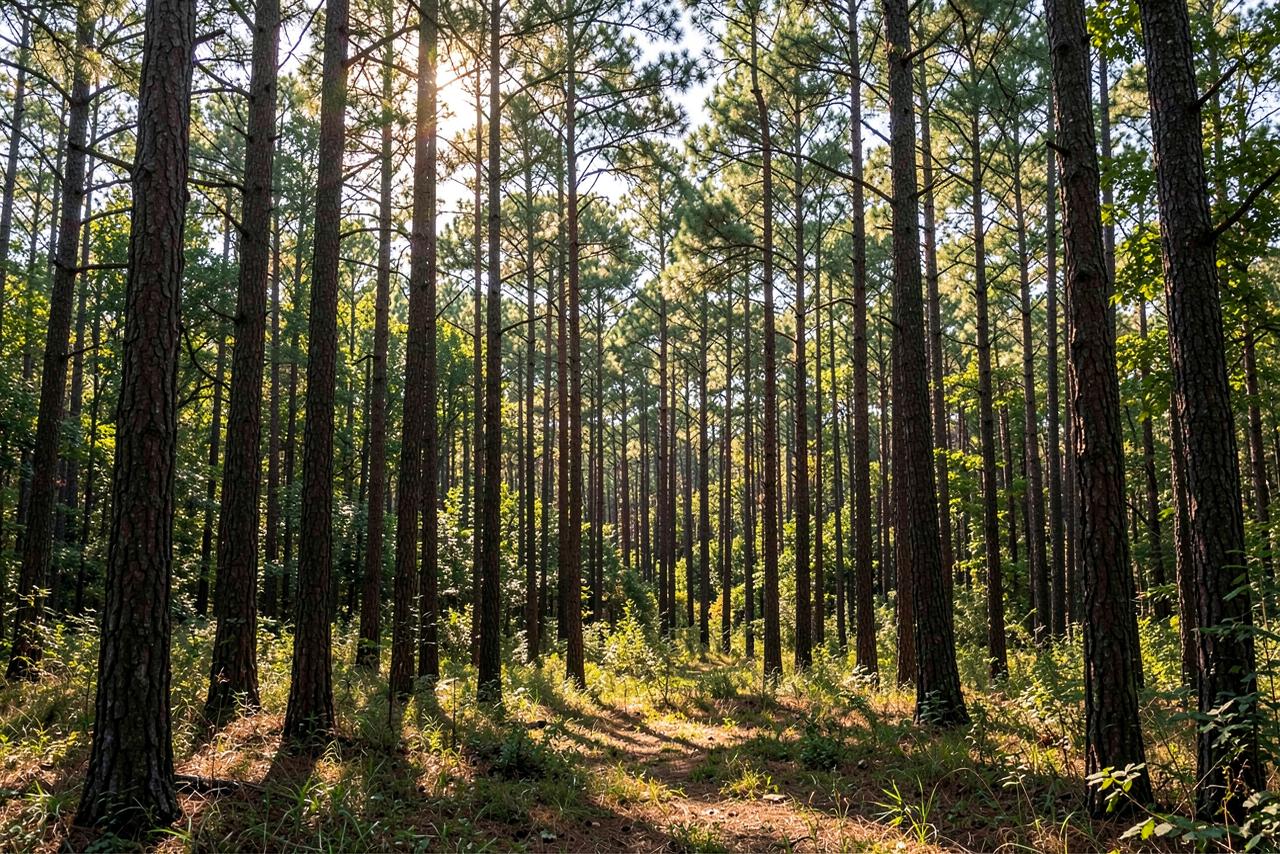 Dense pine woodland with light filtering through the trunks