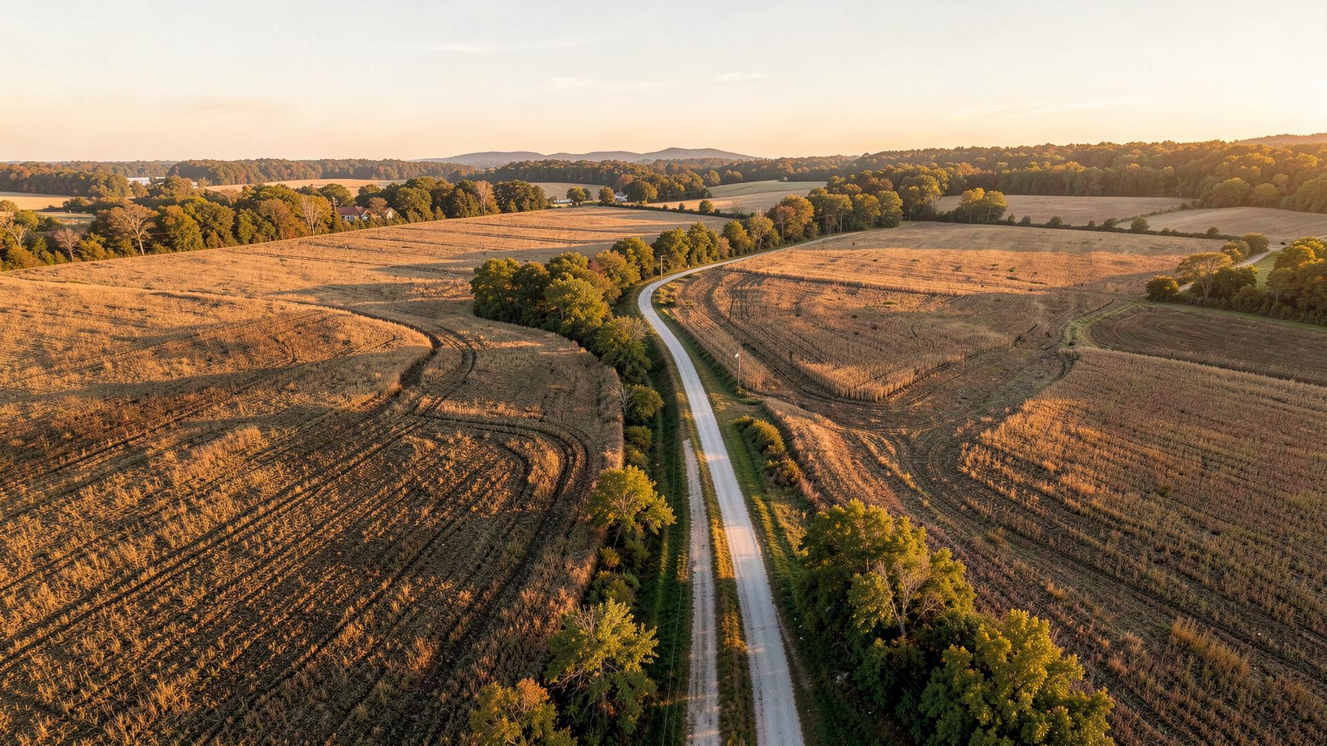 Aerial view of open rural land divided by a winding road