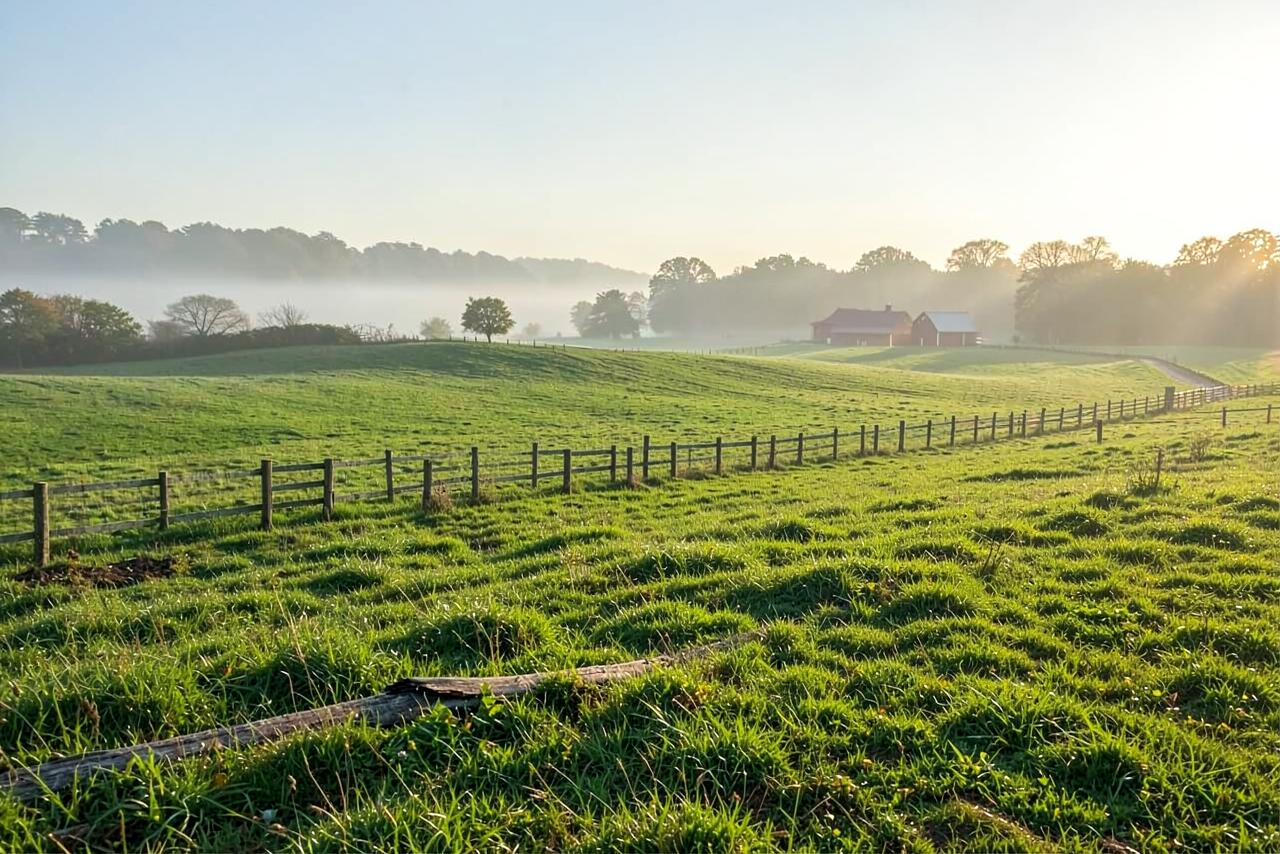 Rolling rural pasture with a fence line and scattered trees