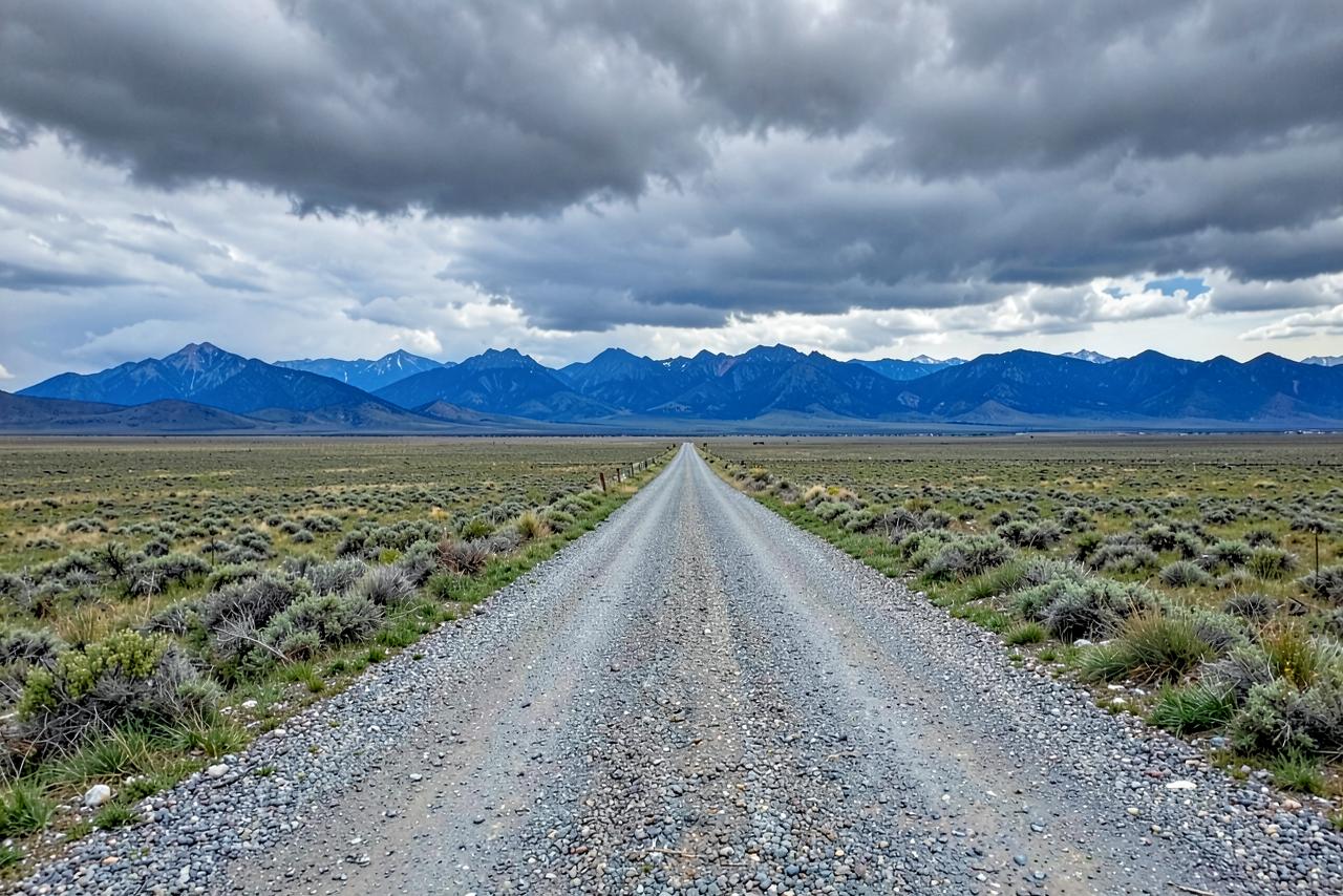 Gravel road crossing open land toward distant mountains