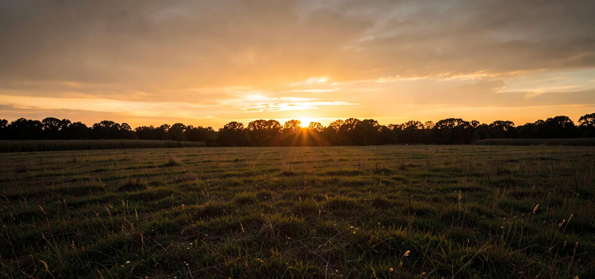 Open field at sunset with a soft golden horizon